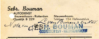 NH_BOUMAN_001 Nieuw-Helvoet, Bouman - Gebr. Bouman, autodienst Nieuwenhoorn - Rotterdam, (1954)