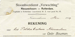 NN_BOUMAN_001 Nieuwenhoorn, Bouman - Motorbootdienst Verwachting , Nieuwenhoorn - Rotterdam. Ligplaats te Rotterdam: ...