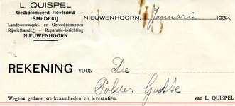 NN_QUISPEL_001 Nieuwenhoorn, Quispel - L. Quispel, gediplomeerd hoefsmid, smederij. Landbouwwerktuigen en ...