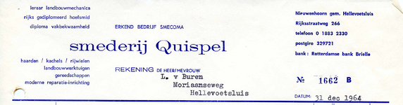 NN_QUISPEL_003 Nieuwenhoorn, Quispel - Smederij Quispel, Erkend bedrijf SMECOMA, Leraar Landbouwmechanica. Rijks ...