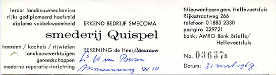 NN_QUISPEL_004 Nieuwenhoorn, Quispel - Smederij Quispel, Erkend bedrijf SMECOMA, Leraar Landbouwmechanica. Rijks ...