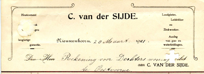 NN_SIJDE_001 Nieuwenhoorn, Van der Sijde - C. van der Sijde, Loodgieter, Leidekker en Zinkwerker. Aanleg van gas- en ...