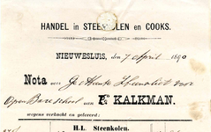 NS_KALKMAN_002 Nieuwesluis, Kalkman - C. Kalkman, Handel in steenkolen en cooks, (1890)