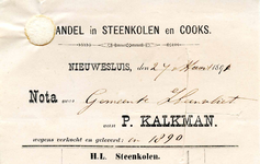 NS_KALKMAN_003 Nieuwesluis, Kalkman - P. Kalkman, Handel in steenkolen en cooks, (1890)
