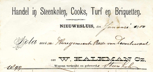 NS_KALKMAN_005 Nieuwesluis, Kalkman - W. Kalkman Cz., Handel in steenkolen, cooks, turf en briquetten, (1900)