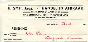 NS_SMIT_002 Nieuwesluis, Smit - H. Smit Jacz., Handel in afbraak. Timmerman en Aannemer, (1933)