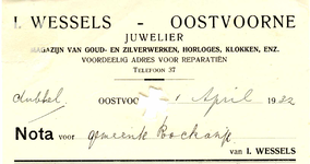 OV_WESSELS_001 Oostvoorne, Wessels - I. Wessels, Juwelier. Magazijn van goud- en zilverwerken, horloges, klokken enz. ...