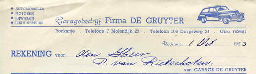 RO_GRUYTER_004 Rockanje, De Gruyter - Garagebedrijf Firma De Gruyter. Automobielen, motoren, rijwielen, luxe verhuur, (1953)