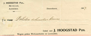 SI_HOOGSTAD_001 Simonshaven, Hoogstad - J. Hoogstad Pzn., Metselaar, Aannemer, (1907)