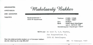 SP_BAKKER_003 Spijkenisse, Bakker - Makelaardij Bakker, Assurantiën, Hypotheken, onr. goederen, Taxaties, (1991)