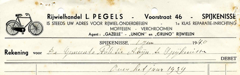 SP_PEGELS_001 Spijkenisse, Pegels - Rijwielhandel L. Pegels, is steeds uw adres voor rijwiel-onderdeelen, moffelen, ...