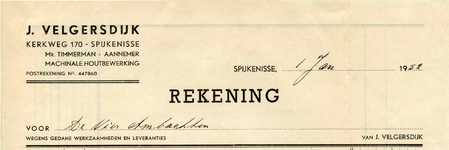 SP_VELGERSDIJK_001 Spijkenisse, Velgersdijk - J. Velgersdijk, Mr. Timmerman - Aannemer. Machinale houtbewerking, (1952)