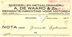 SP_WAARD_009 Spijkenisse, A. de Waard & Zn. - Smederij en metaaldraaierij, reparatie-inrichting voor motoren, (1933)
