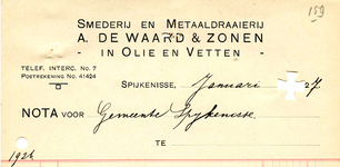 SP_WAARD_010 Spijkenisse, A. de Waard & Zonen - Smederij en metaaldraaierij, reparatie-inrichting voor motoren, (1927)