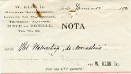 TI_KLOK_001 Tinte, Klok - W. Klok Iz., Timmerman en Aannemer, machinale houtbewerking, levering van watermolens., (1921)