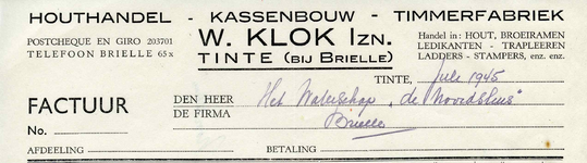 TI_KLOK_009 Tinte, Klok - W. Klok Izn., Houthandel, kassenbouw, timmerfabriek. Handel in: hout, broeiramen, ledikanten, ...