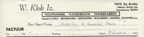 TI_KLOK_010 Tinte, Klok - W. Klok Iz., Houthandel, kassenbouw, timmerfabriek. Handel in hout, broeiramen, ledikanten, ...