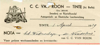 TI_ROON_003 Tinte, Van Roon - C.C. van Roon, Smederij en Rijwielhandel. Autogenisch- en Electrische laschinrichting, (1939)