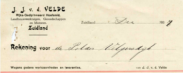 ZL_VELDE_001 Zuidland, V.d. Velde - J.J. v.d. Velde, Rijks-Gediplomeerd hoefsmid. Landbouwwerktuigen, gereedschappen en ...
