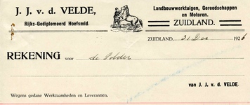 ZL_VELDE_002 Zuidland, V.d. Velde - J.J. v.d. Velde, Rijks-Gediplomeerd hoefsmid. Landbouwwerktuigen, gereedschappen en ...