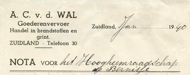 ZL_WAL_002 Zuidland, V.d. Wal - A.C. v.d. Wal, Goederenvervoer. Handel in brandstofen en grint, (1940)