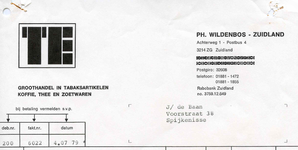 ZL_WILDENBOS_004 Zuidland, Wildenbos - Ph. Wildenbos, Groothandel in tabaksartikelen, koffie, thee en zoetwaren, (1979)