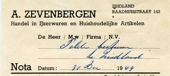 ZL_ZEVENBERGEN_001 Zuidland, Zevenbergen - A. Zevenbergen, Handel in ijzerwaren en huishoudelijke artikelen, (1944)