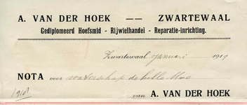 ZW_HOEK_001 Zwartewaal, Van der Hoek - A. van der Hoek, Gediplomeerd Hoefsmid, Rijwielhandel, Reparatie-inrichting, (1919)