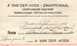 ZW_HOEK_002 Zwartewaal, Van der Hoek - A. van der Hoek, Gediplomeerd Hoefsmid, Rijwielhandel, Reparatie-inrichting, (1918)