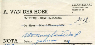ZW_HOEK_008 Zwartewaal, Van der Hoek - A. van der Hoek, Smederij - Rijwielhandel, (1949)