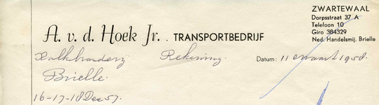 ZW_HOEK_009 Zwartewaal, Van der Hoek - A. v.d. Hoek Jr., Transportbedrijf voor al uw transporten, (1958)