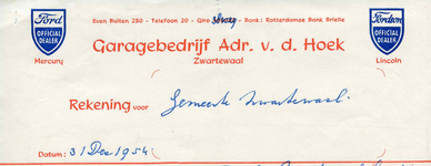 ZW_HOEK_012 Zwartewaal, Van der Hoek - Garagebedrijf Adr. v.d. Hoek, Official Dealer Ford, Mercury, Lincoln, (1954)