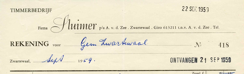 ZW_SLUIMER_003 Zwartewaal, Sluimer - Timmerbedrijf Firma Sluimer, p/a A. v.d. Zee, (1959)
