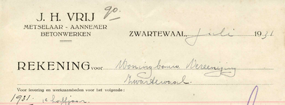 ZW_VRIJ_002 Zwartewaal, Vrij - J.H. Vrij, Metselaar - Aannemer. Betonwerken, (1931)