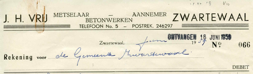ZW_VRIJ_003 Zwartewaal, Vrij - J.H. Vrij, Metselaar - Aannemer. Betonwerken, (1959)