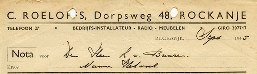 RO_ROELOFFS_006 Rockanje, Roeloffs - Bedrijfs-installateur, Radio. Meubelen, (1945)
