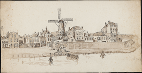 SPUIJBROEK_202 De Westzanddijk met de vroegere bebouwing (molen en de Christelijke school), en de muur van marinewerf ...