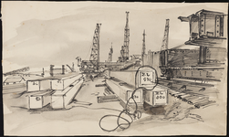 SPUIJBROEK_214 De bouwput voor de aanleg van het sluizencomplex van de Haringvlietdam, met kranen en heipalen, ca. 1955