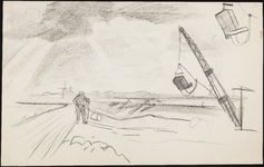 SPUIJBROEK_246 Aanleg van de werkhaven: arbeiders en dragline (studie), 1955