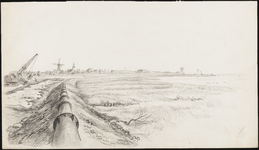 SPUIJBROEK_A_242 Aanleg van de Werkhaven: pijpleiding voor de aanvoer van zand. Op de achtergrond de vesting ...