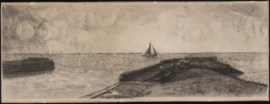 SPUIJBROEK_D_007 Uitzicht op het Haringvliet met de houten havenhoofden op de voorgrond, ca. 1935