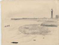 SPUIJBROEK_E_003 Schets van de gorzen bij het Zuidfront, met de havenhoofden en de vuurtoren op de achtergrond, [ca. 1950]