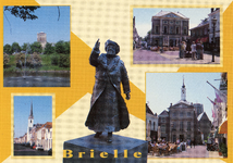 PB0354 Groeten uit Brielle: het standbeeld van Juliana en afbeeldingen van het Stadhuis, de Hoofdwacht, de Jacobskerk, ...