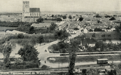 PB0434 Kijkje op het Tramvest, de tramlijn, de Kaaivest en de St. Catharijnekerk vanaf de watertoren, ca. 1938