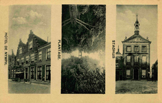 PB0800 Groeten uit Brielle, drie kleine afbeeldingen van Hotel de Nymph, de Plantage en het Stadhuis, ca. 1910
