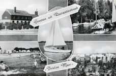 PB1194 Groeten uit recreatiestreek Brielse Meer: vijf kleine afbeeldingen van het Noorse zeemanskerkje in Europoort, ...