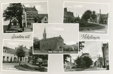 PB2933 Samengestelde kaart met vier afbeeldingen: gemeentehuis, kerk en Dorpsstraat, 1961