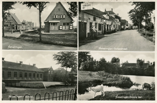 PB2934 Groeten uit Hekelingen. Samengestelde kaart met vier afbeeldingen: Dorpsstraat, school en Grote Gat, ca. 1950