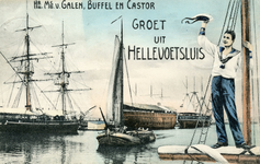 PB3074 Een matroos wuift met zijn pet: Groet uit Hellevoetsluis - hr. ms. Van Galen, Buffel en Castor, ca. 1910