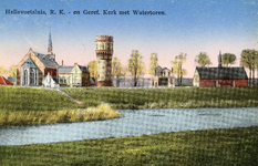 PB3124 Hellevoetsluis; De katholieke kerk, de watertore en de gereformeerde kerk, ca. 1925